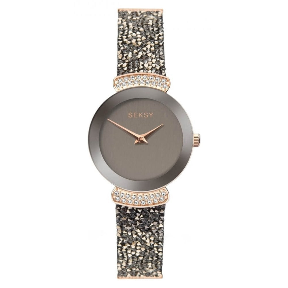 Rose Gold Plated Stone Set Case With Grey Dial & Black Leather Strap With Crystals Ladies Watch