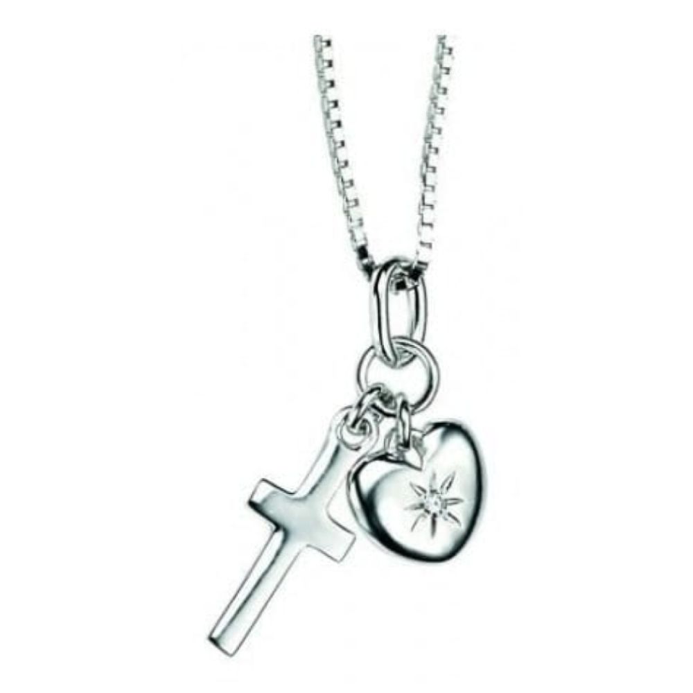 Girls Sterling Silver Heart And Cross Necklace