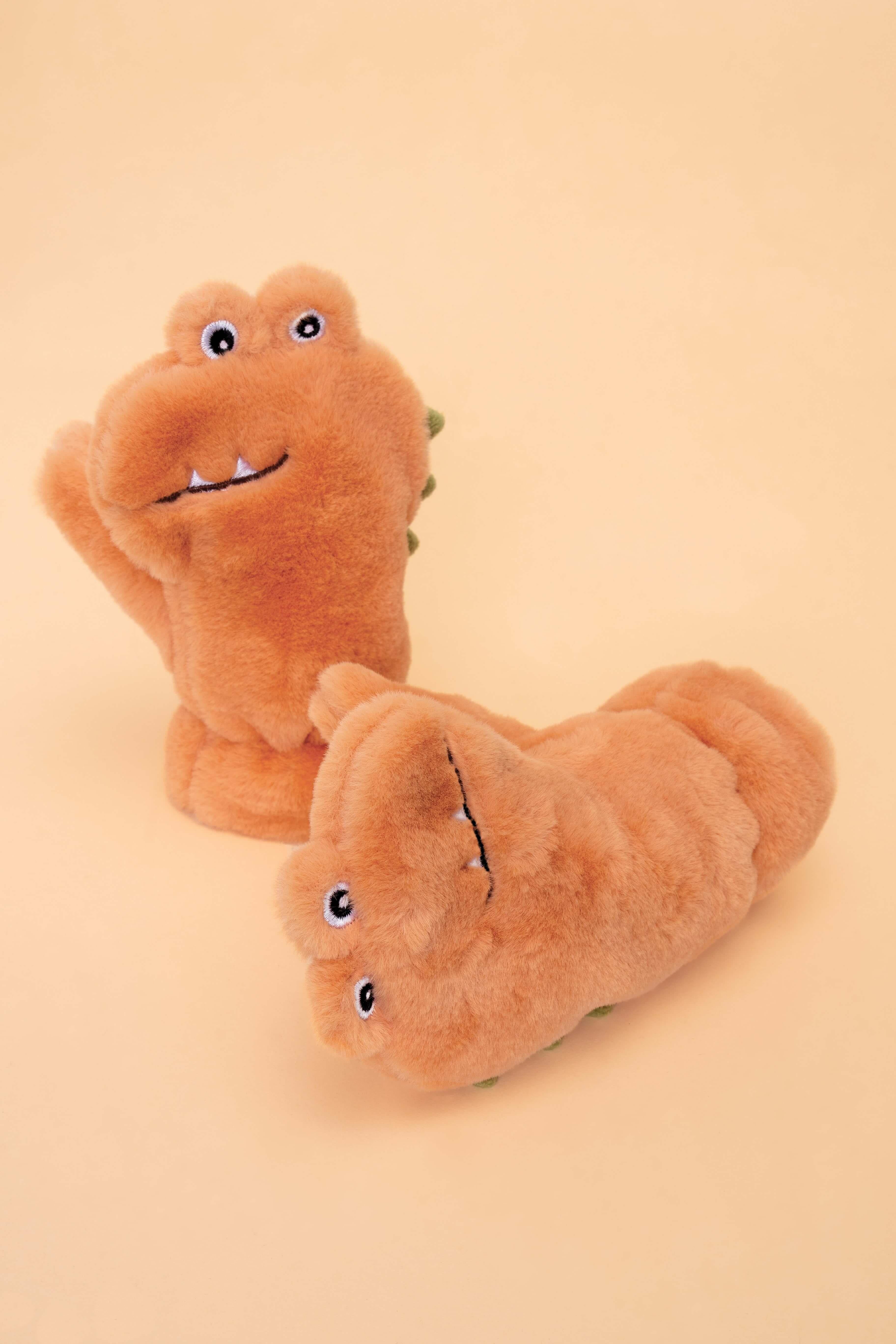 Kids Fluffy Mittens - Toothy Dino Coral