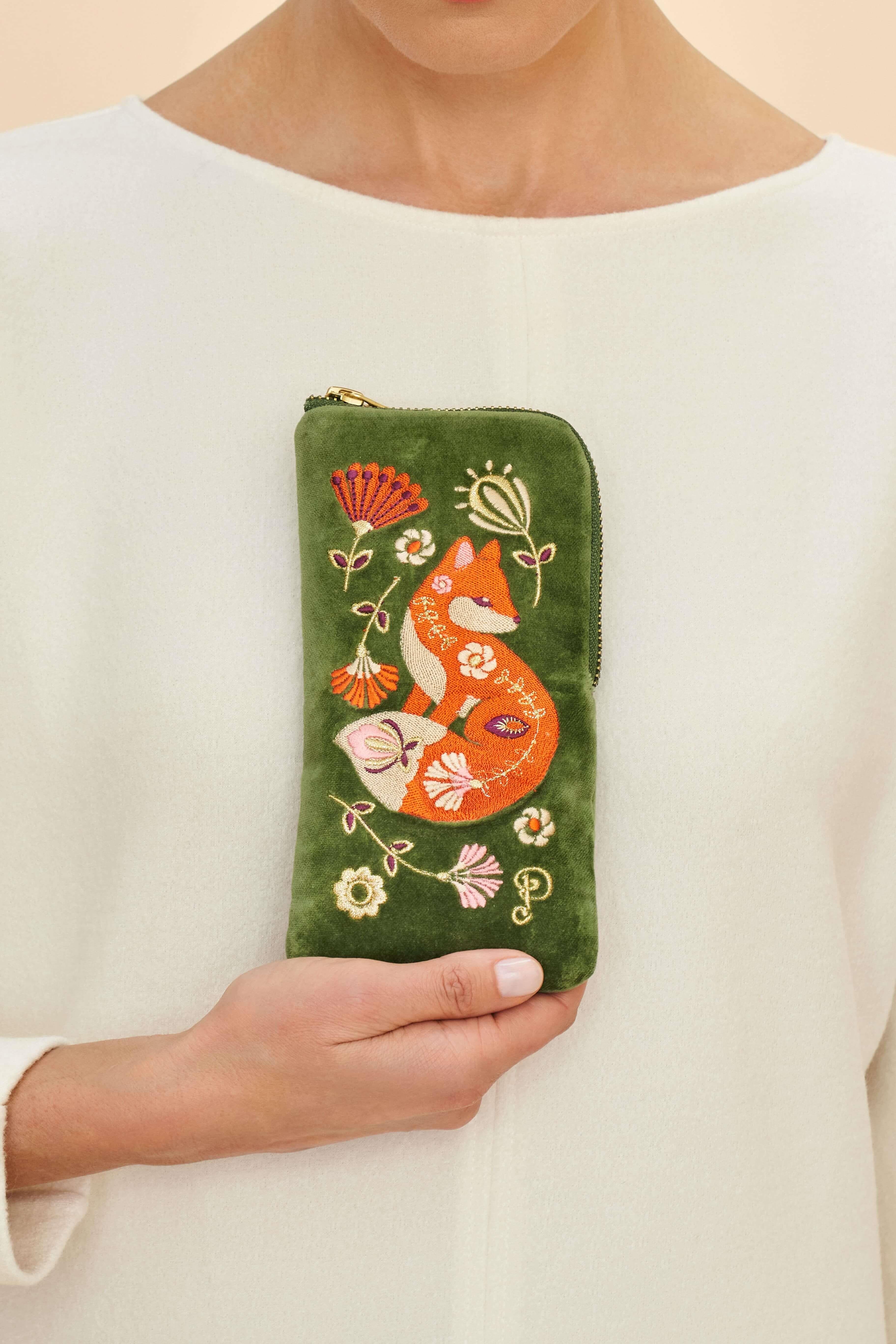 Velvet Embroidered Glasses Pouch - Scandinavian Fox