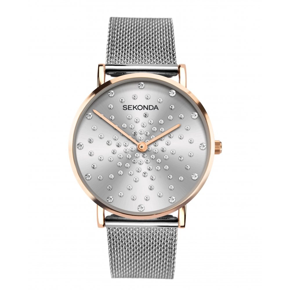 Rose Gold Plated White Stone Set Dial With Steel Mesh Strap Ladies Watch