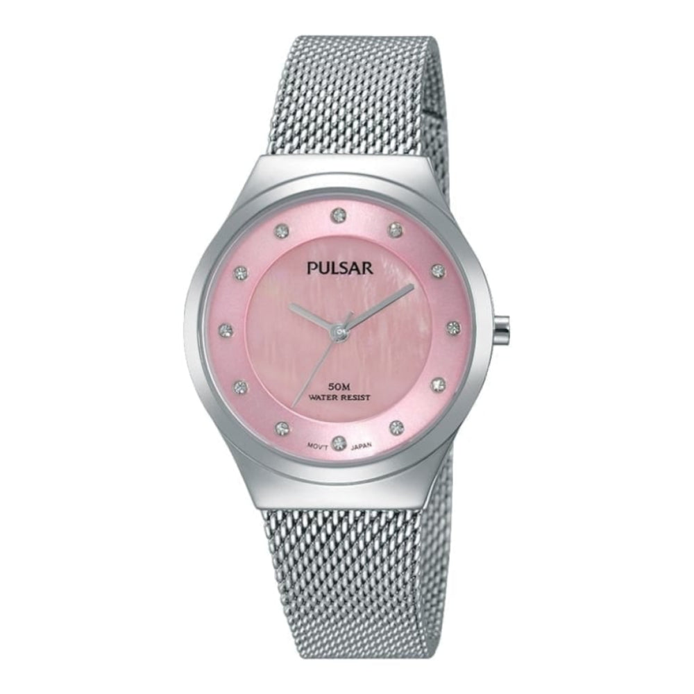Womens Chrome Mesh Bracelet Watch Pink Face