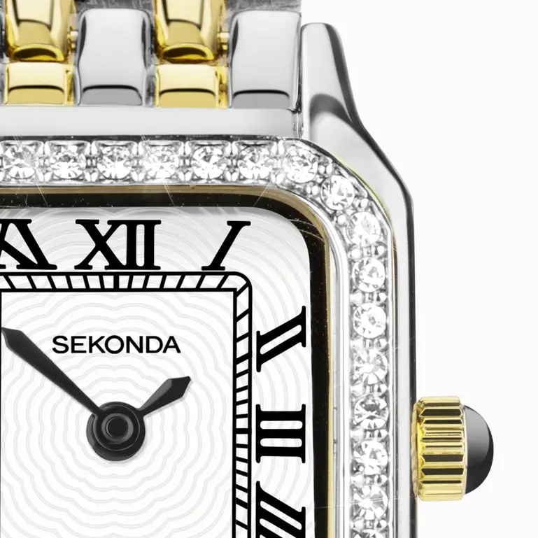 Monica Two Tone Case & Bracelet with Stone Set Bezel & White Dial Ladies Watch