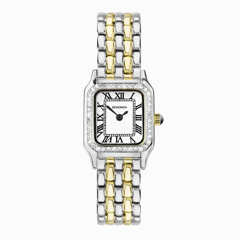 Monica Two Tone Case & Bracelet with Stone Set Bezel & White Dial Ladies Watch