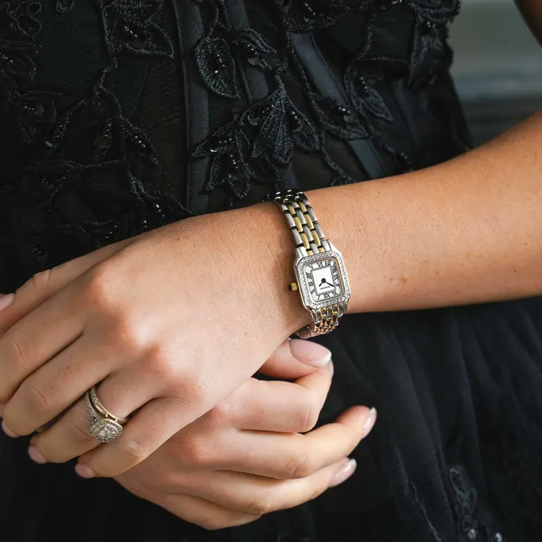 Monica Two Tone Case & Bracelet with Stone Set Bezel & White Dial Ladies Watch