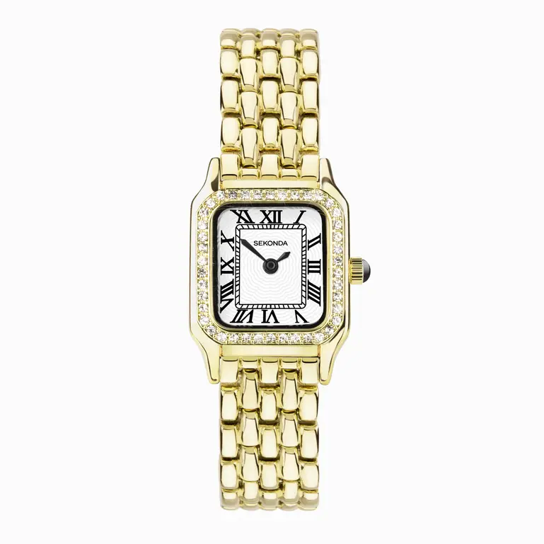 Monica Gold Plated Case & Bracelet With with Stone Set Bezel White Dial Ladies Watch
