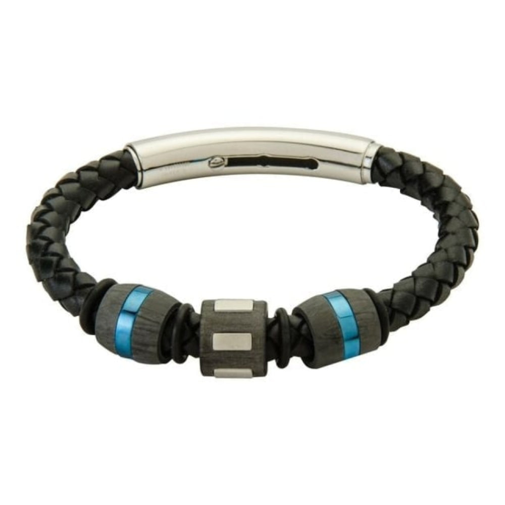 Grey Leather Gents Bracelet With Stainless Steel Moving Blue, Black & Silver Beads & Magnetic Clasp