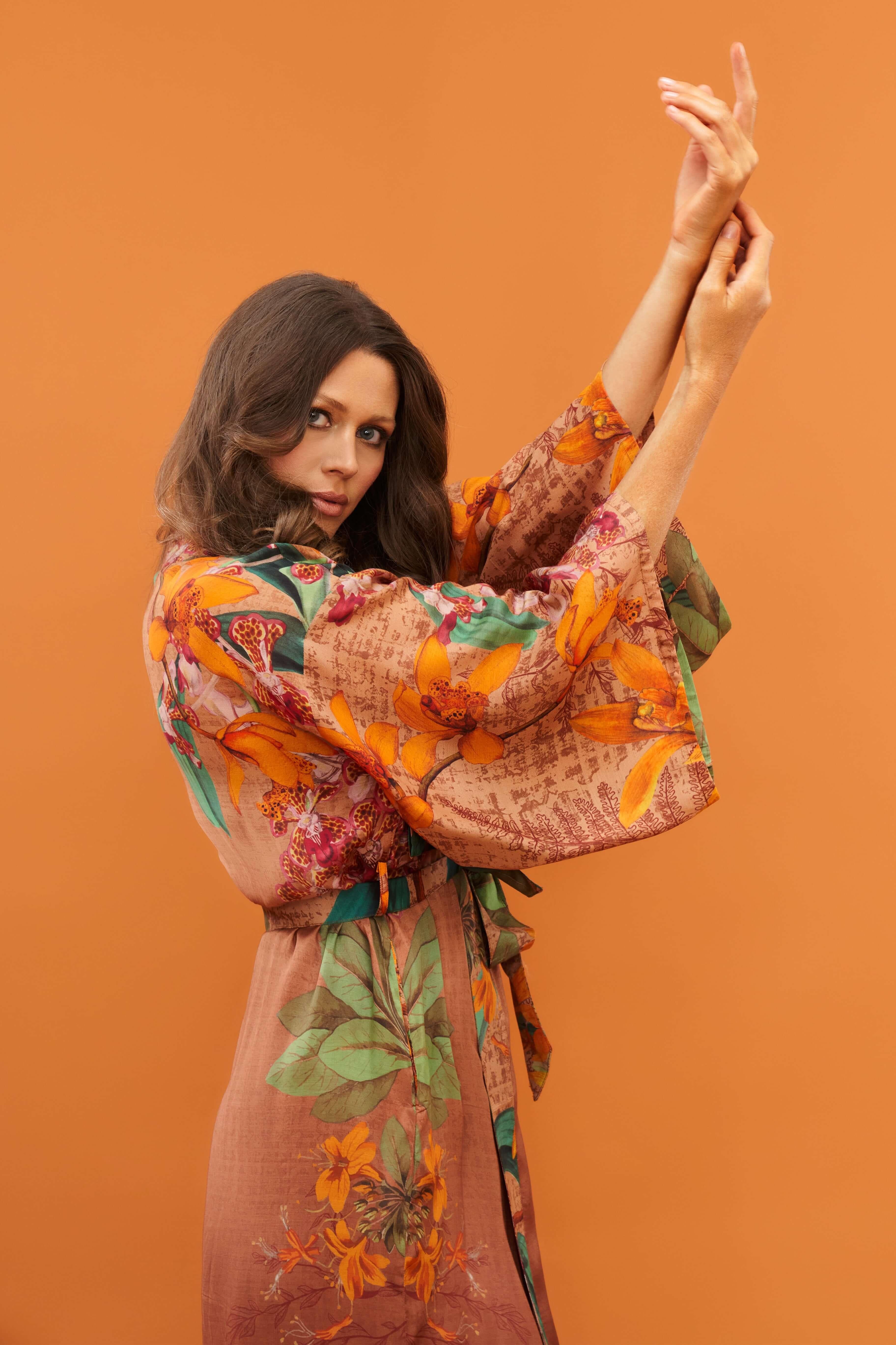 Botany Bliss in Taupe Kimono Gown