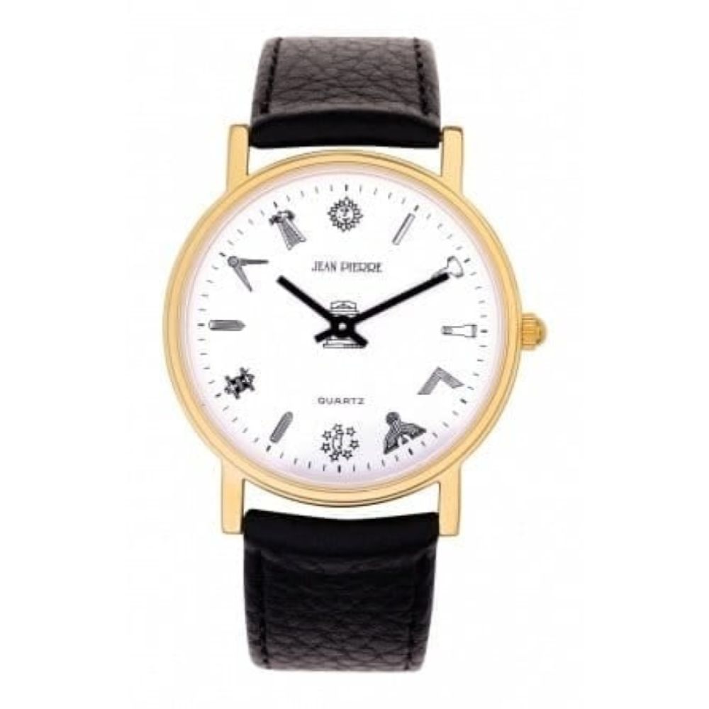 Gents Masonic Gold Plated Quartz Black Leather Wristwatch