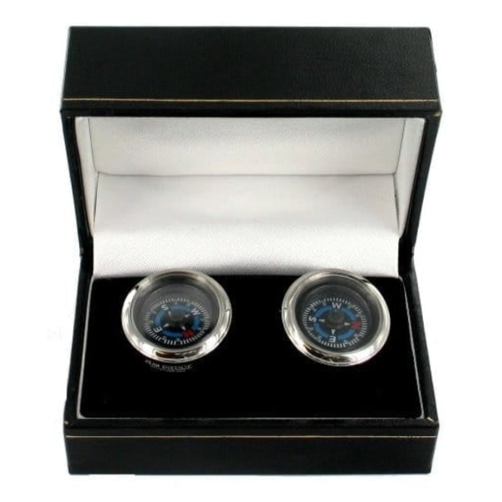 Silver Plated Black Dial Compass Cuff Links