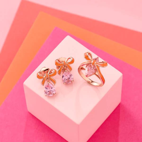 Amelia Bow Ring In Coral Enamel, Pink CZ & Rose Gold- M
