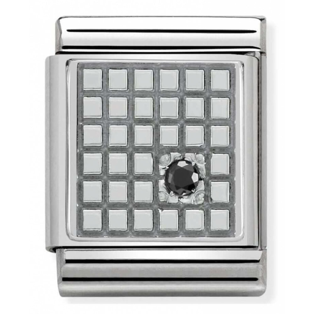 Composable Big Stainless Steel, Sterling Silver, Enamel & Black Cubic Zirconia Grid Charm