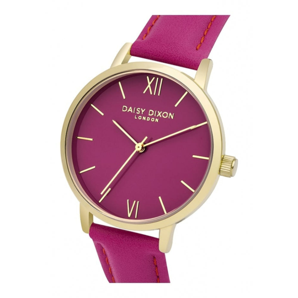 Tara Watch Gold Tone Case & Glossy Pink Dial With Pink Leather Strap
