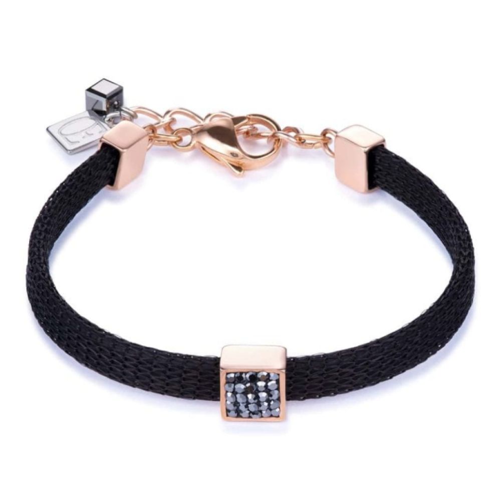 Black Leather Bracelet With Rose Gold Tone Element & Pave Set Crystals
