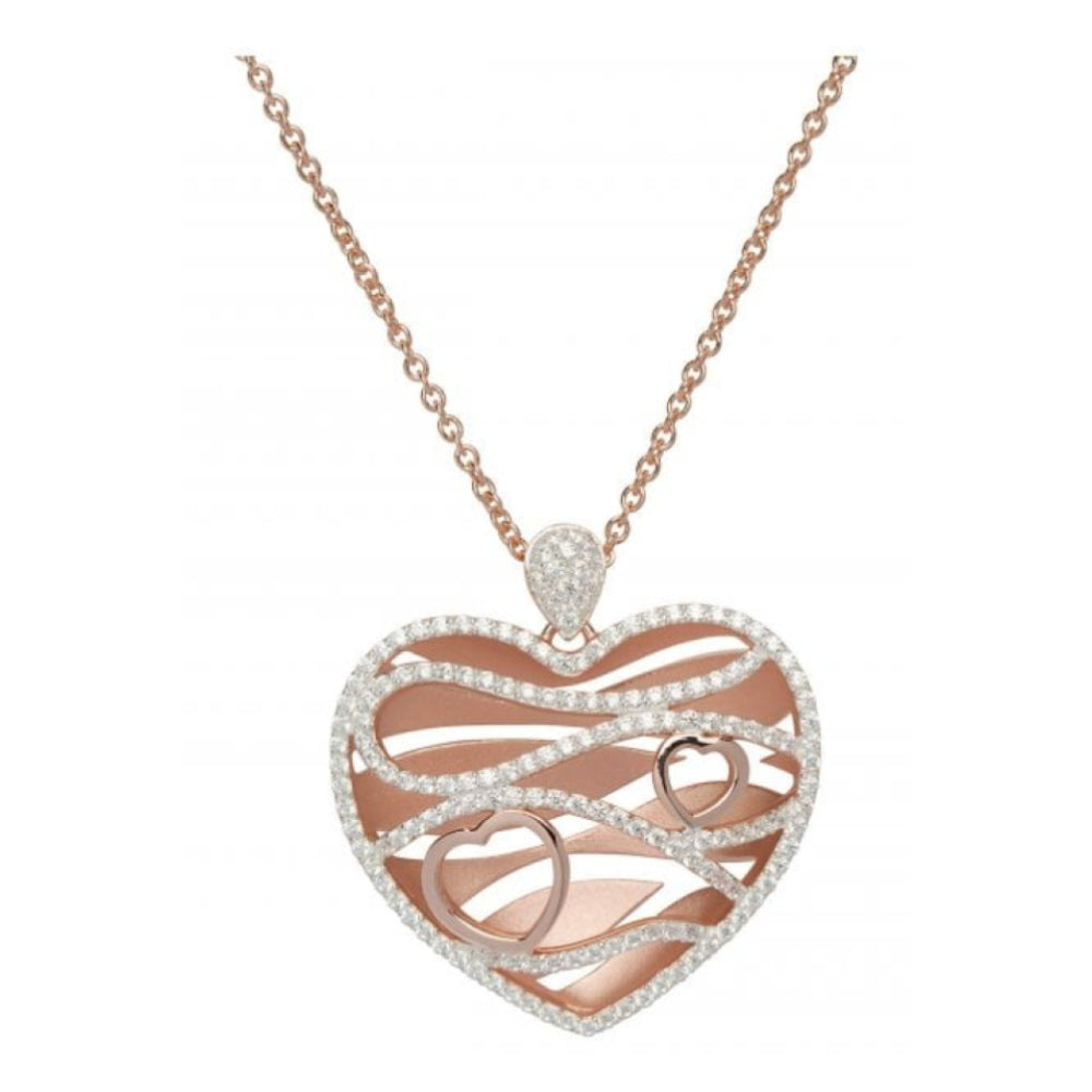 Silver 925 Heart Pendant With Rose Gold Plating And Cz Incl. Chain