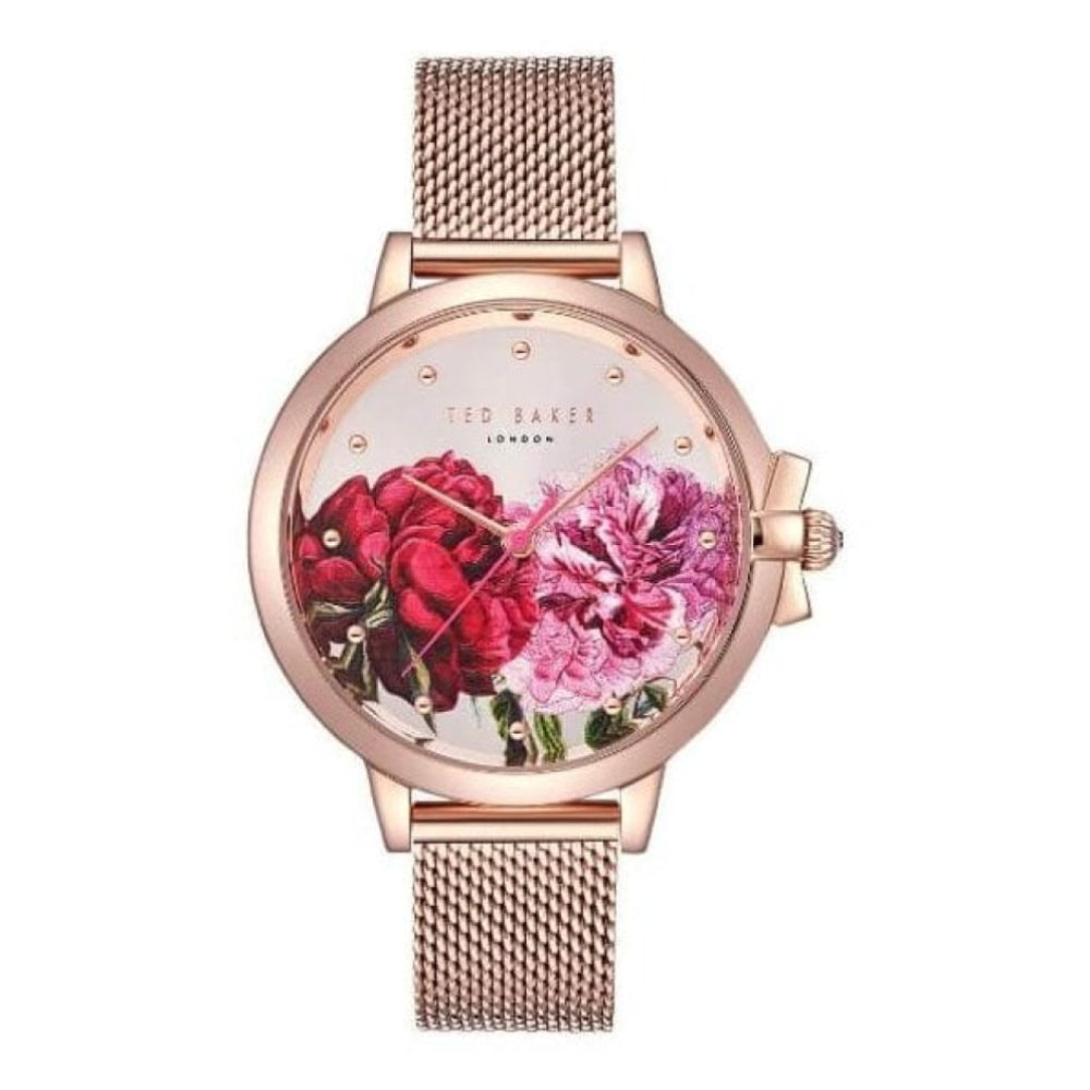 Rose Gold Mesh Strap & Floral Design Dial Ladies Watch