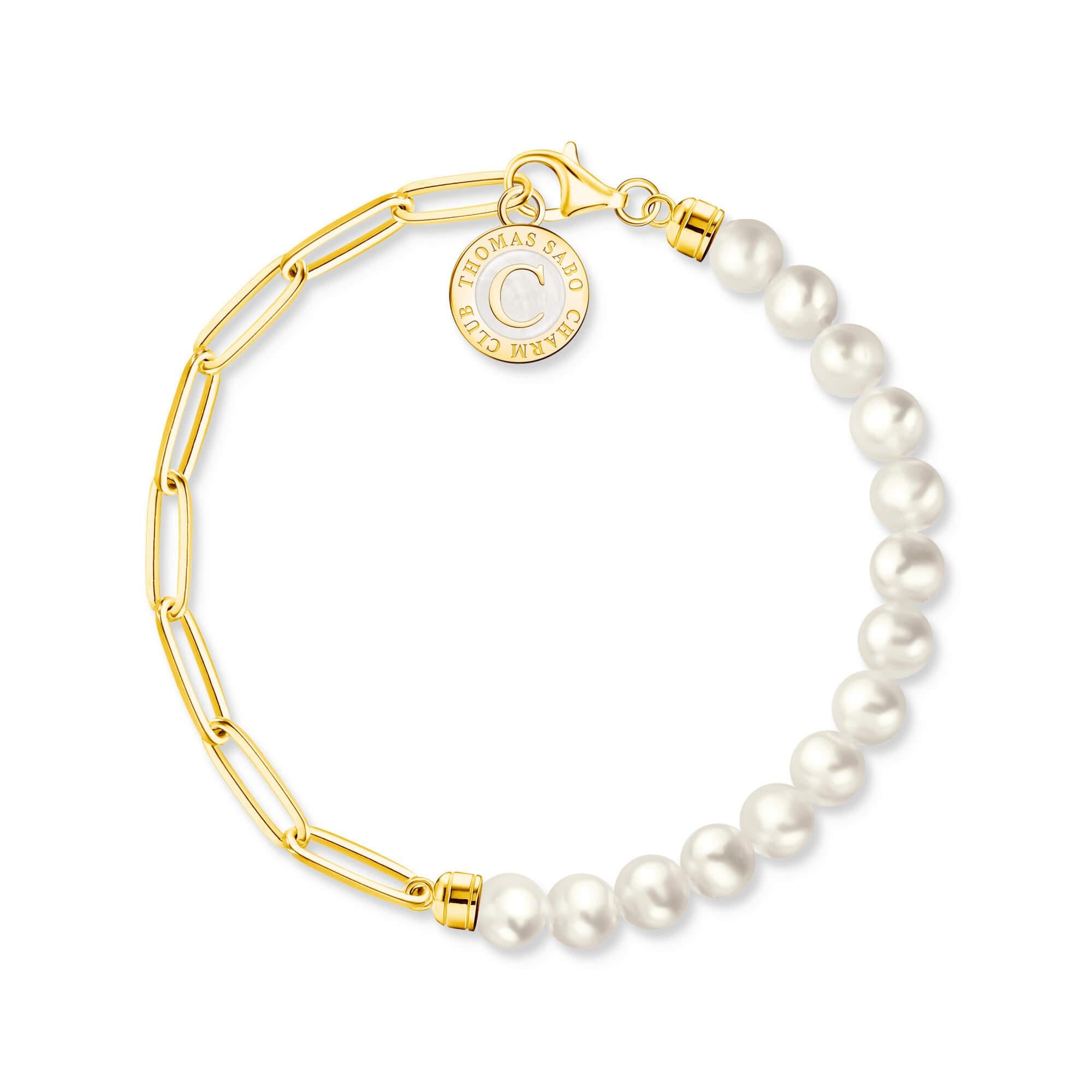 Gold Plated Member Charm Bracelet With White Pearls & Charmista Disc