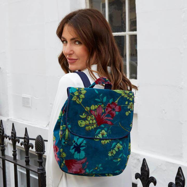 Printed Navy Velvet Backpack