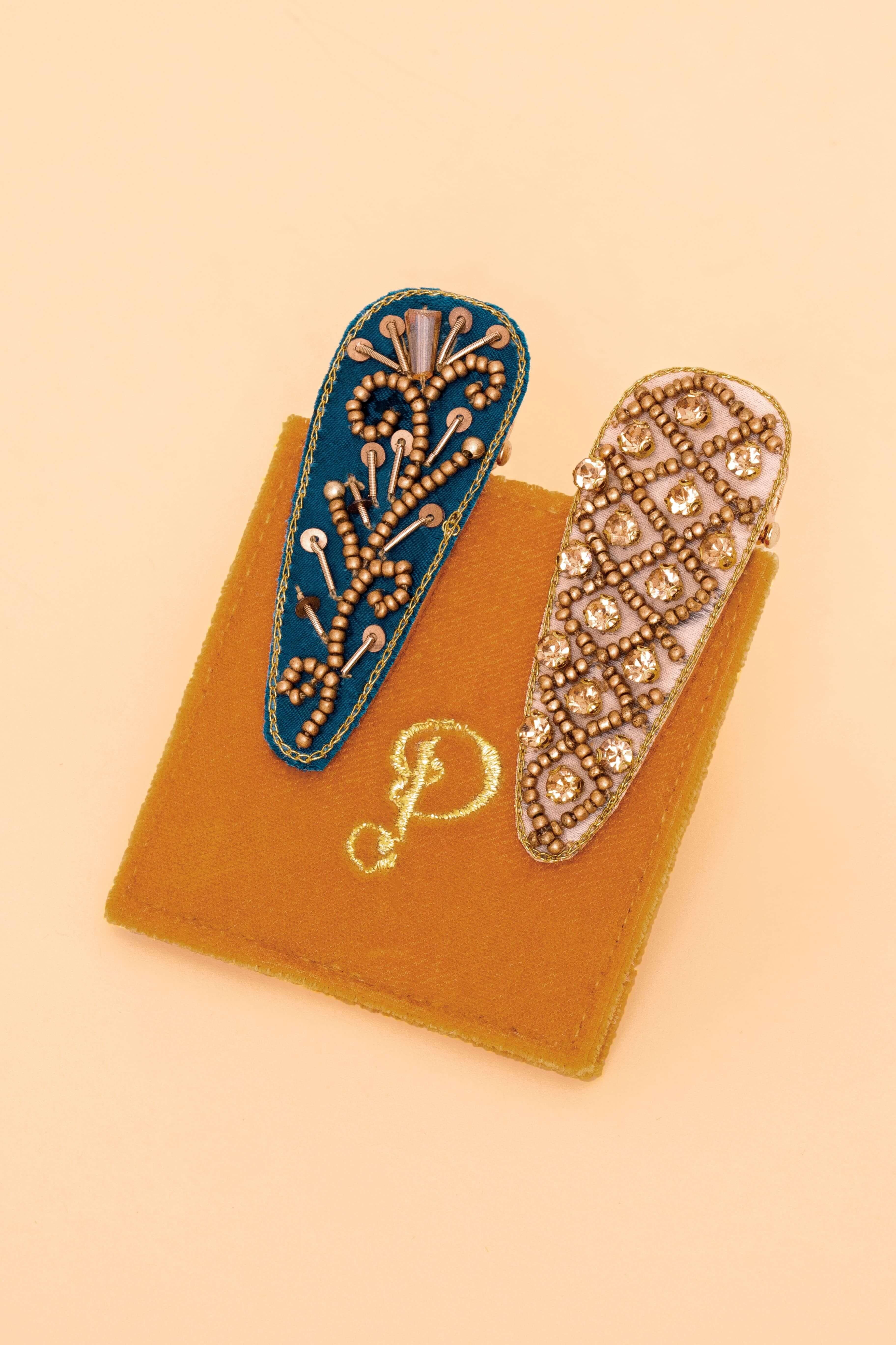 Fern/Tile Jewelled Hair Clips- Teal/Vanilla