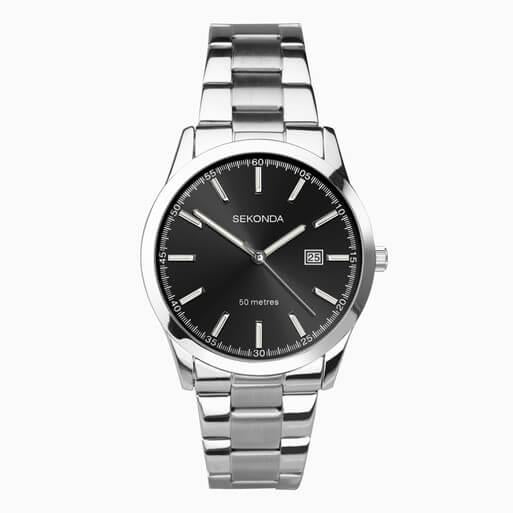 Silver Case With Black Dial & Stainless Steel Bracelet Mens Watch