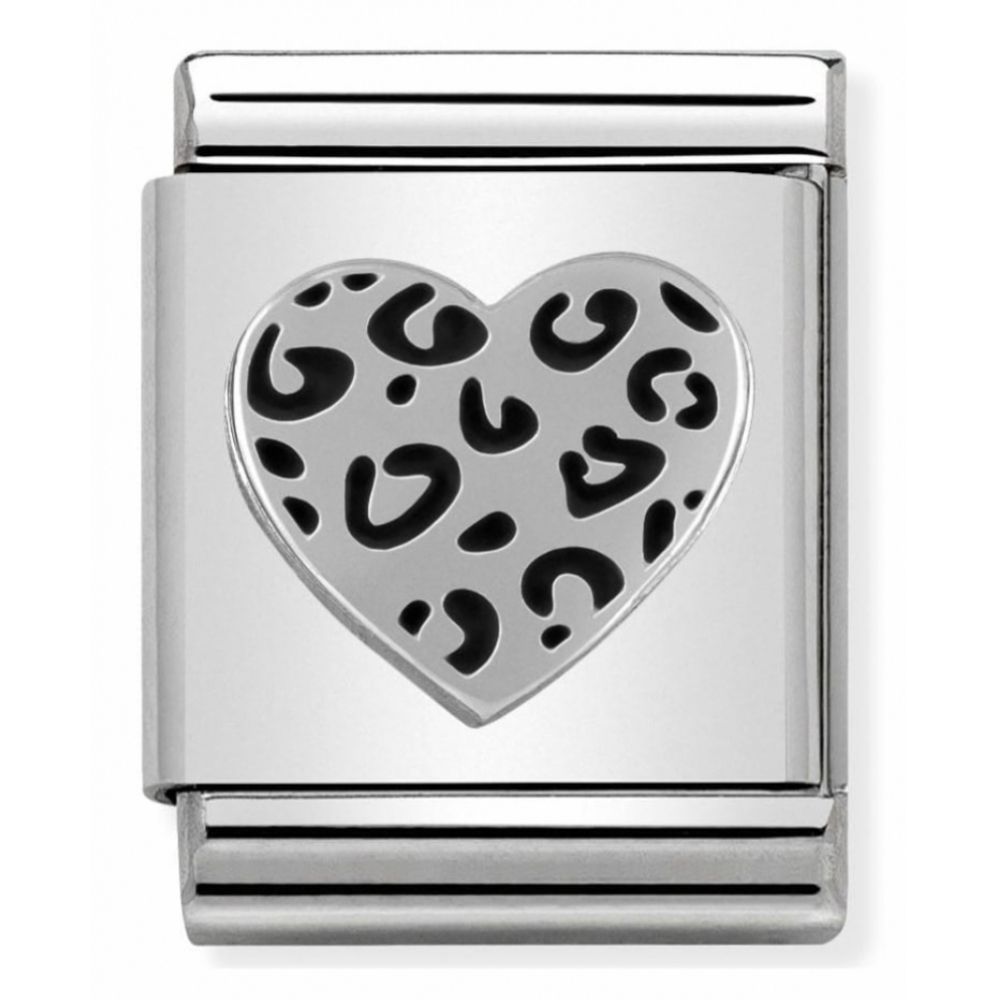 Composable Big Oxidized Stainless Steel And Sterling Silver Leopard Heart Charm
