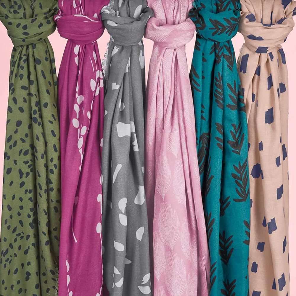 Printed Scarf | Peacock Feather Print | Dusty Pink and White