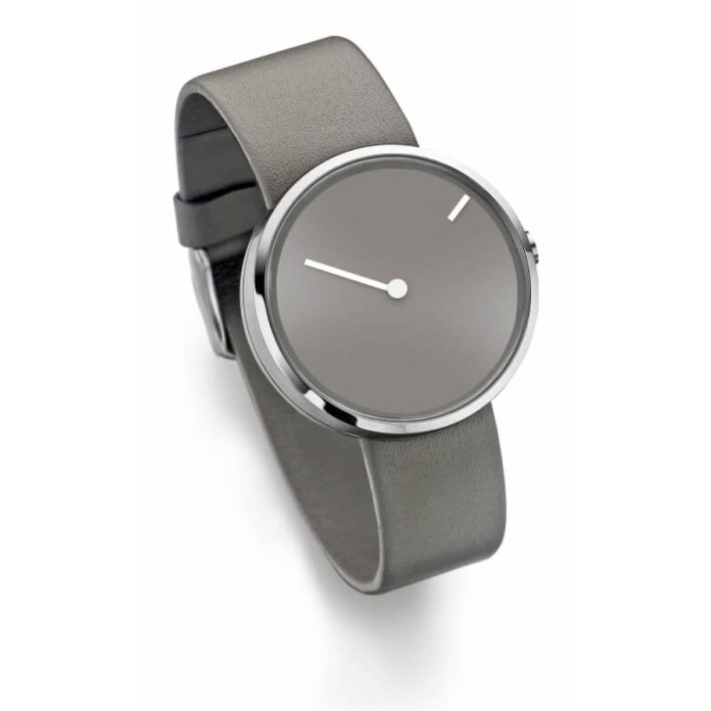 Stainless Steel Grey Rotating Dial With White Hand & Grey Leather Strap Unisex Watch
