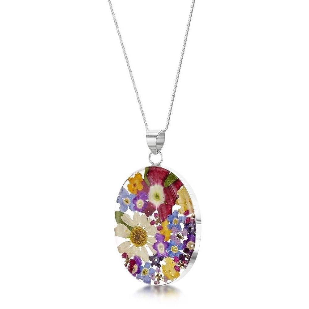 Silver Pendant - Mixed Flower - Oval