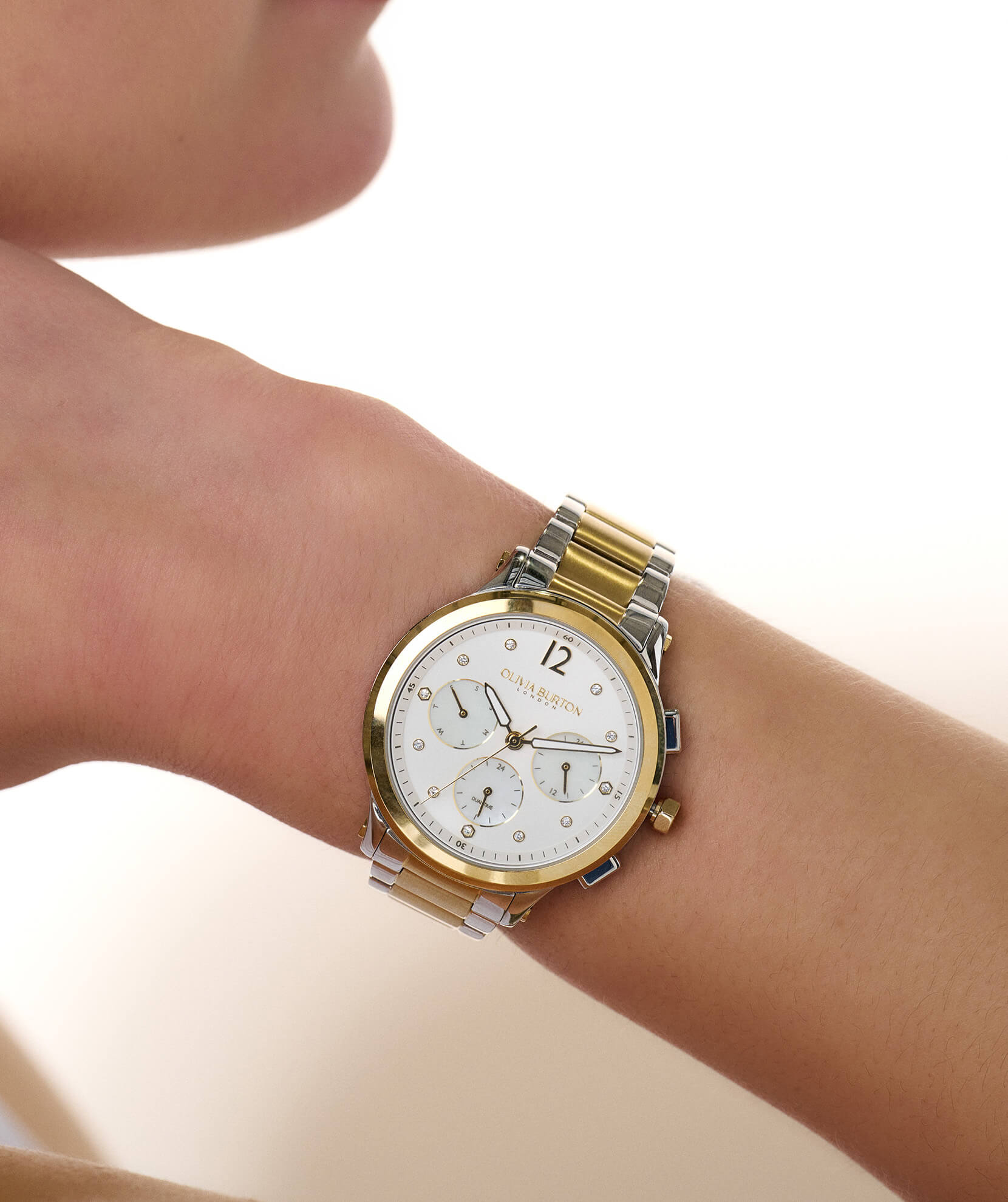 Sports Luxe Multi-Function Metallic White & Two Tone Bracelet Watch