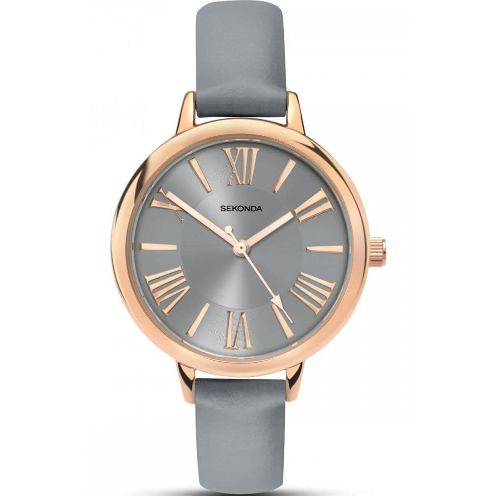 Rose Gold Plated Case With Grey Dial & Grey PU Strap Ladies Watch