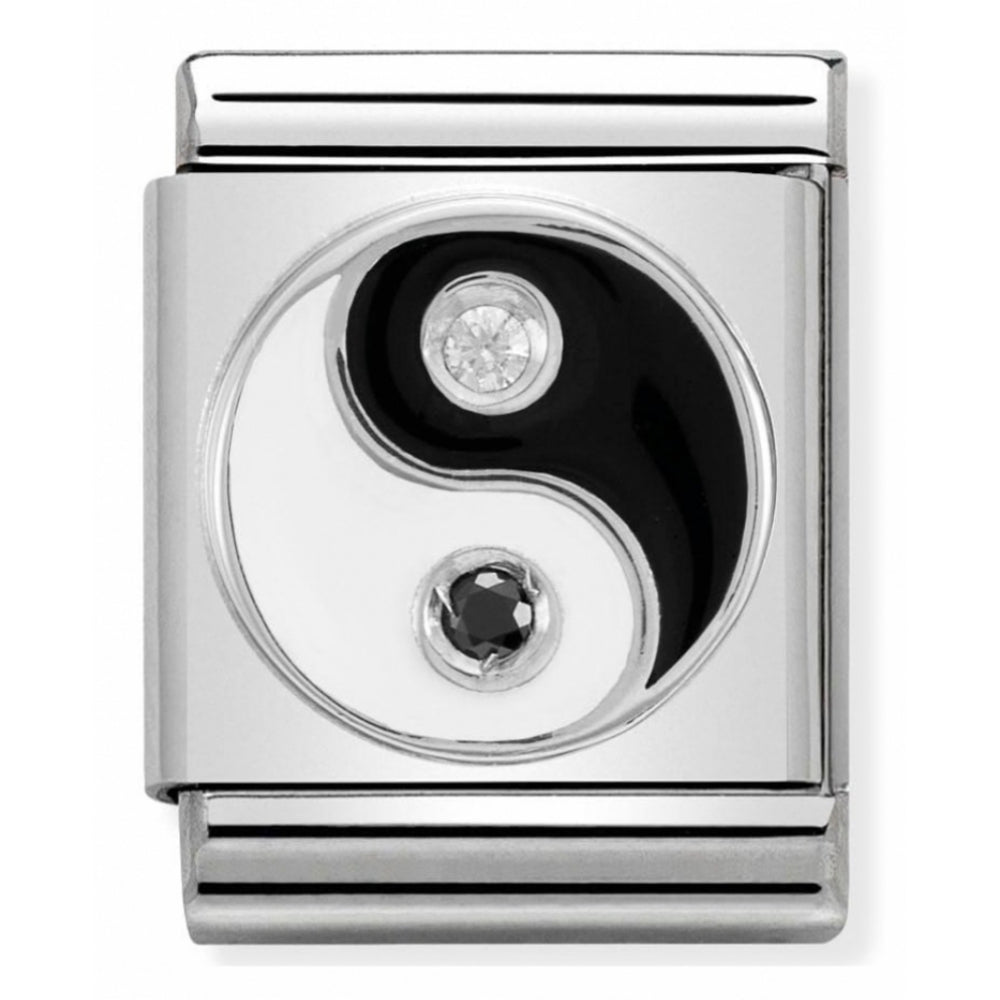 Composable Big Stainless Steel, Sterling Silver, Enamel & Cubic Zirconia Black & White Ying Yang Symbol Charm