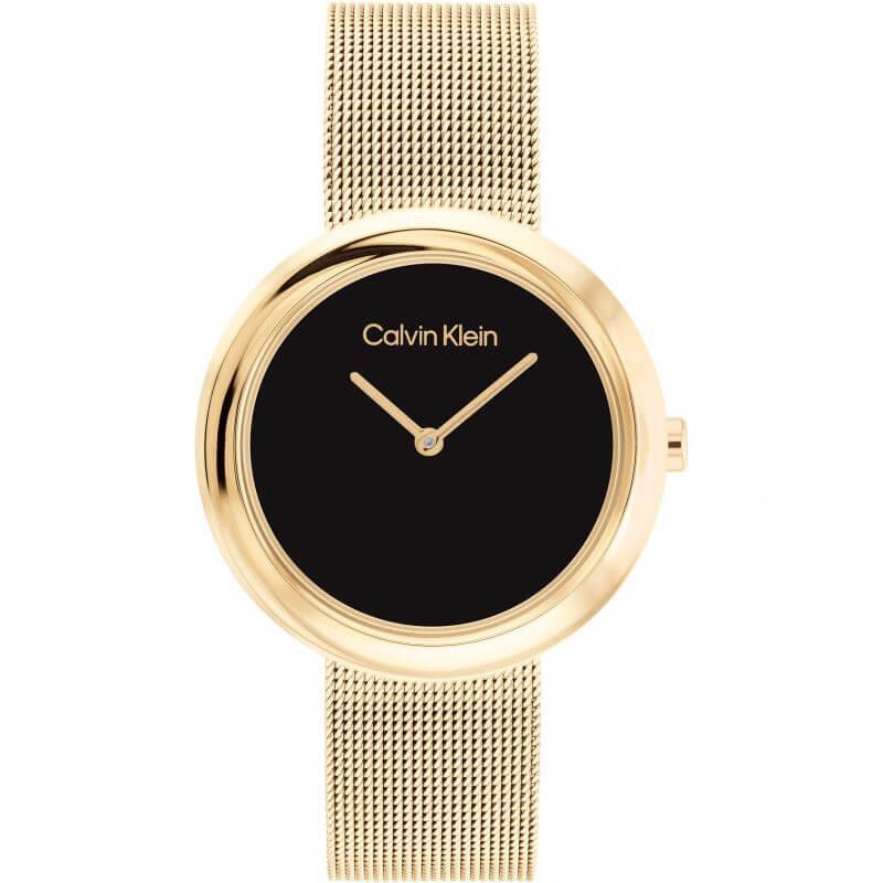 Twisted Bezel Black Dial & Gold Tone Mesh Bracelet Ladies Watch