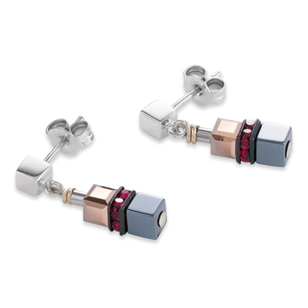 Small Haematite & Swarovski Crystals Red Ear Studs
