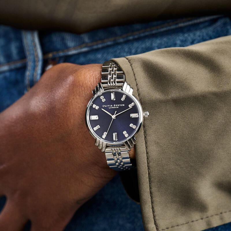 Art Deco Navy & Silver Baguette Bracelet Watch