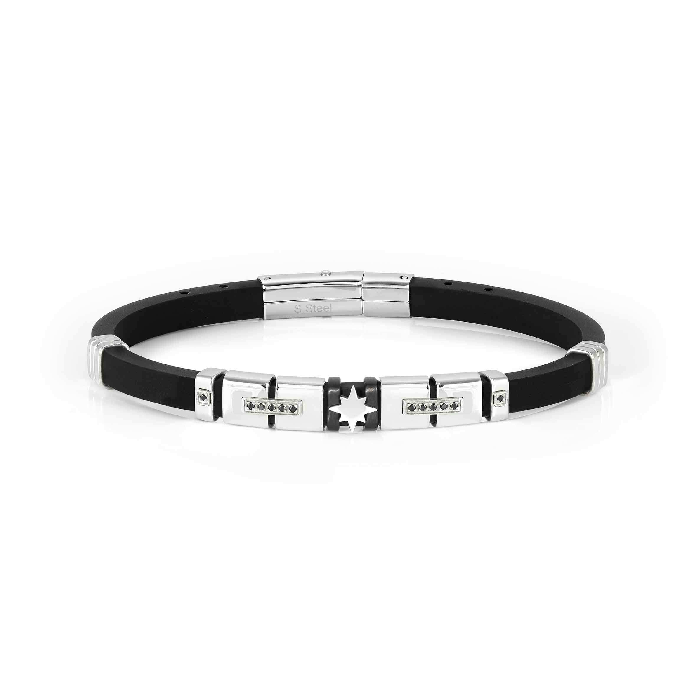 City Bracelet In Silicone With Silver Wind Rose & Black CZ