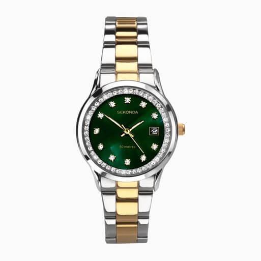 Catherine Silver Case & SS Bracelet With Green Dial Ladies Watch