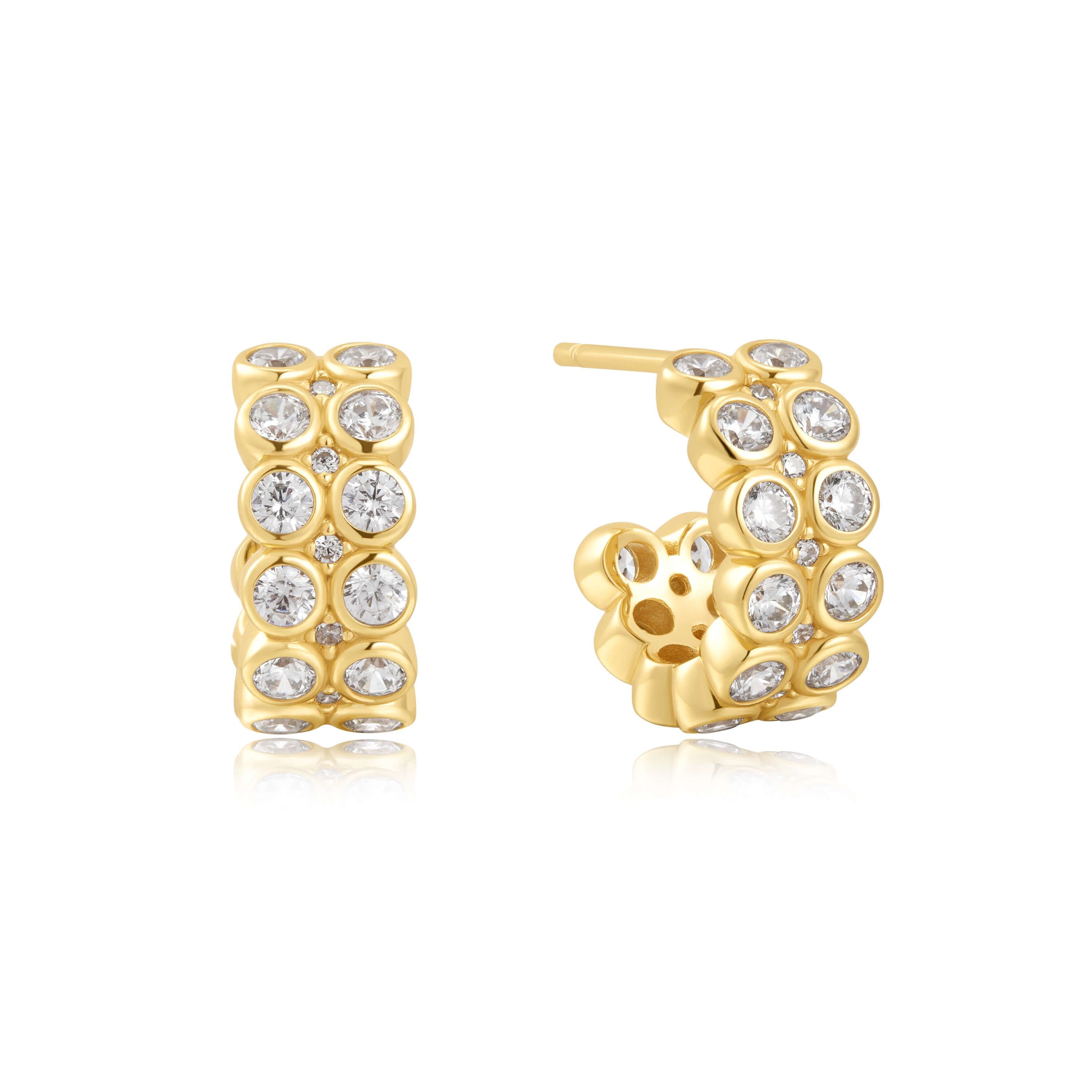 Gold Double Row White CZ Bezel Set Stud Huggies