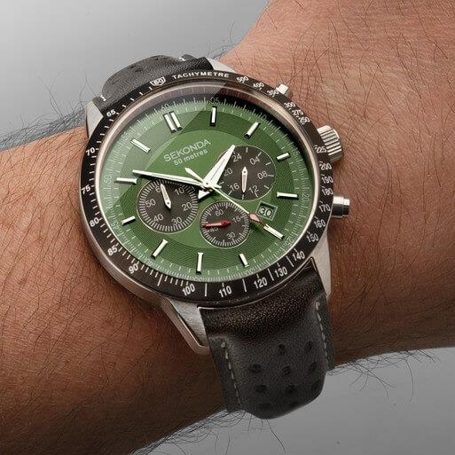 Silver Case with Green Dial & Leather Strap Men's Chronograph Watch