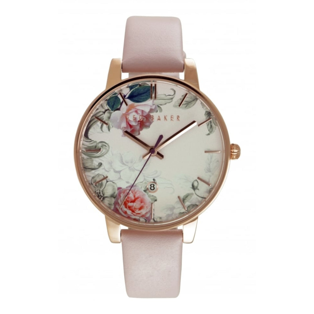 Ted Baker Womens Floral Dial Pink Leather Rose Gold Date Watch