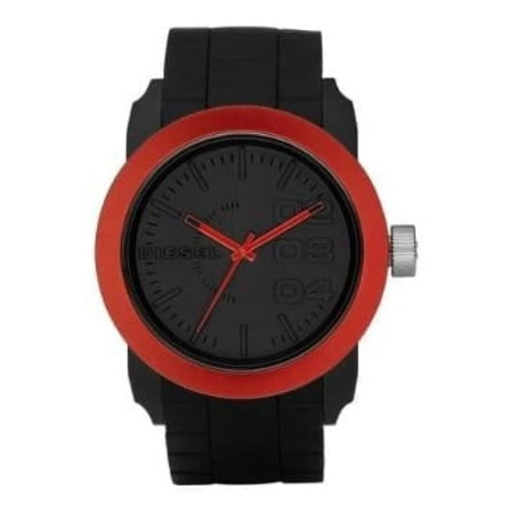 Gents Black Rubber Strap Watch With Red Bezel
