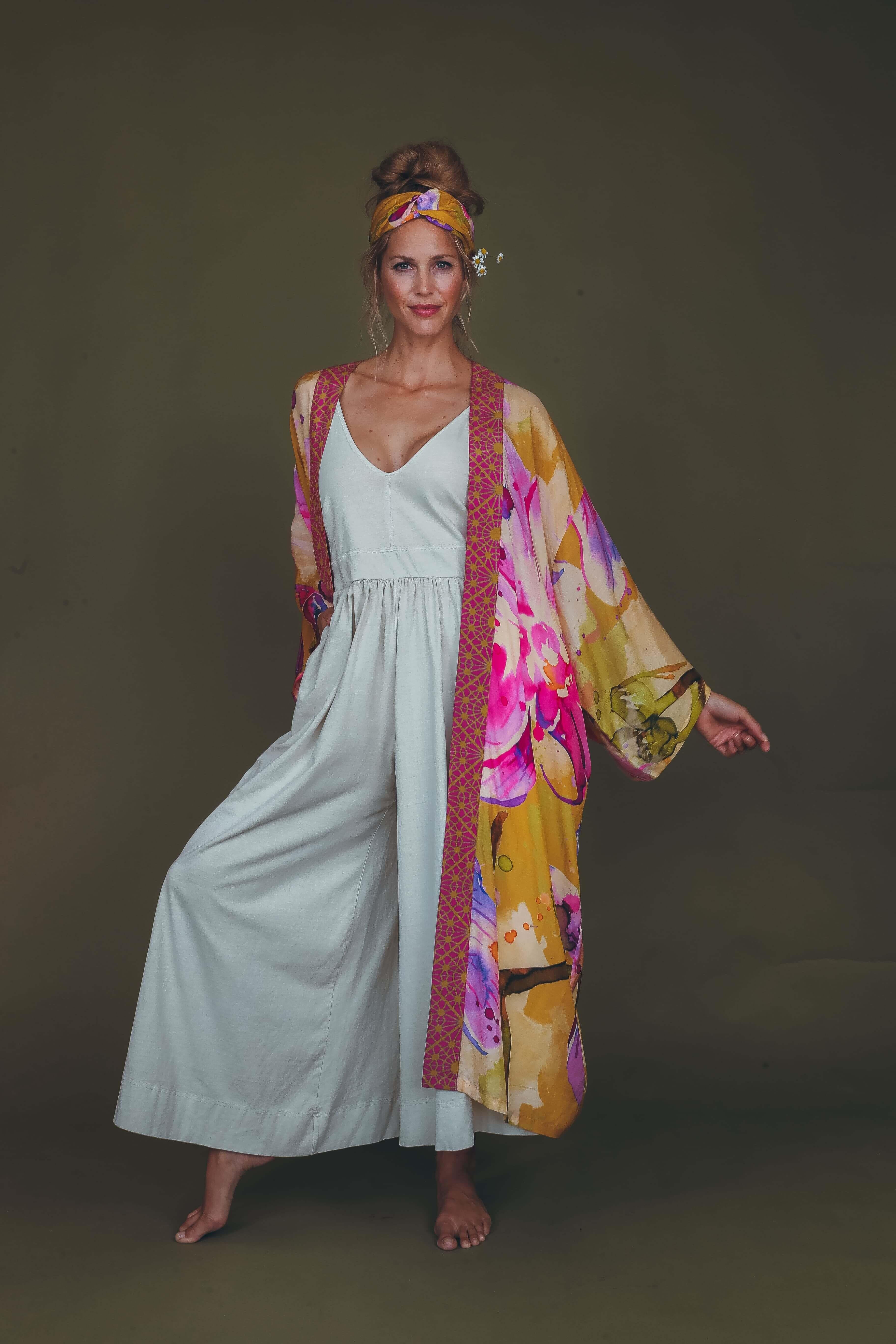 PRINTED KIMONO GOWN - Mustard Orchid