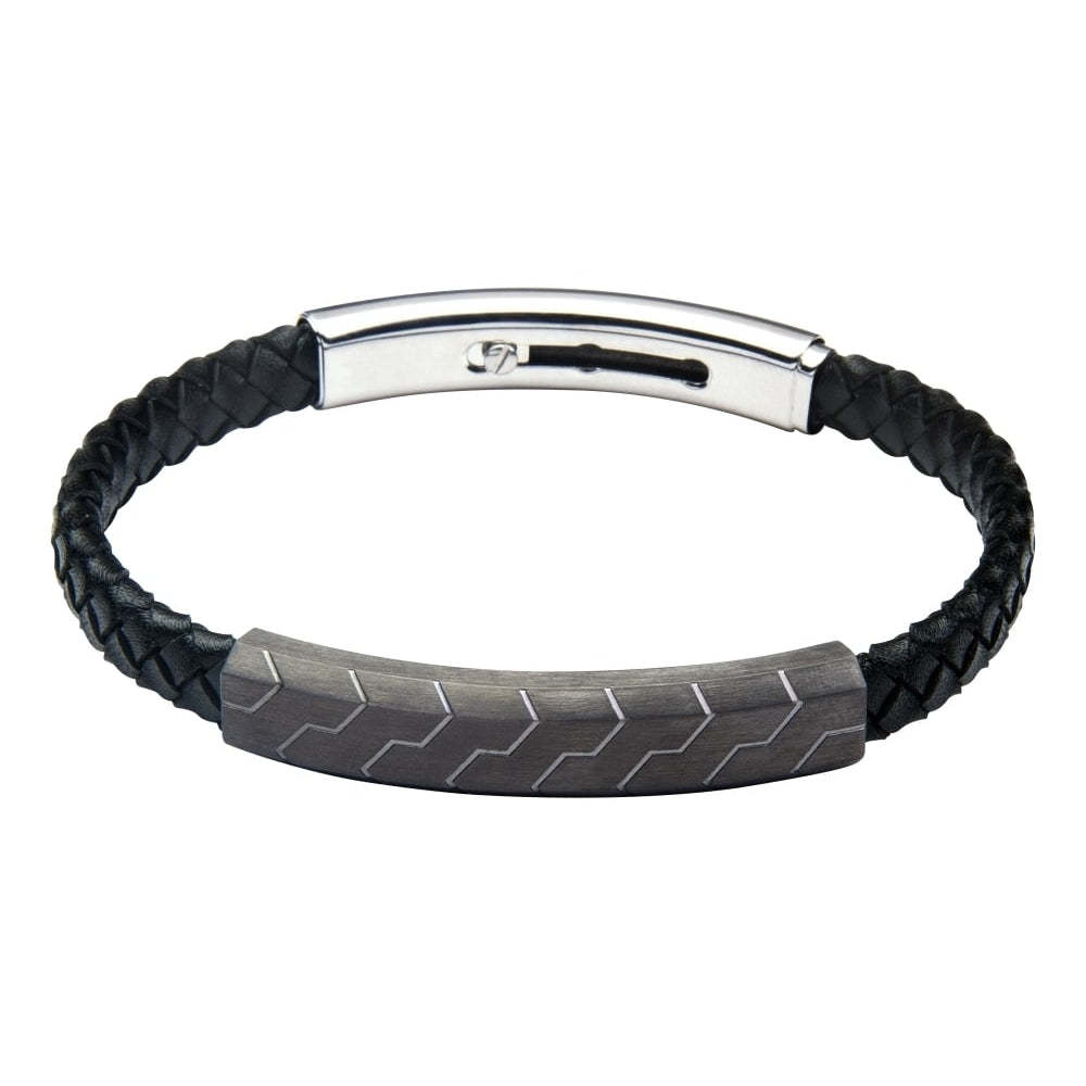 Black Leather Slimline Adjustable Gents Bracelet With Plain & Gun Metal Finish Feature