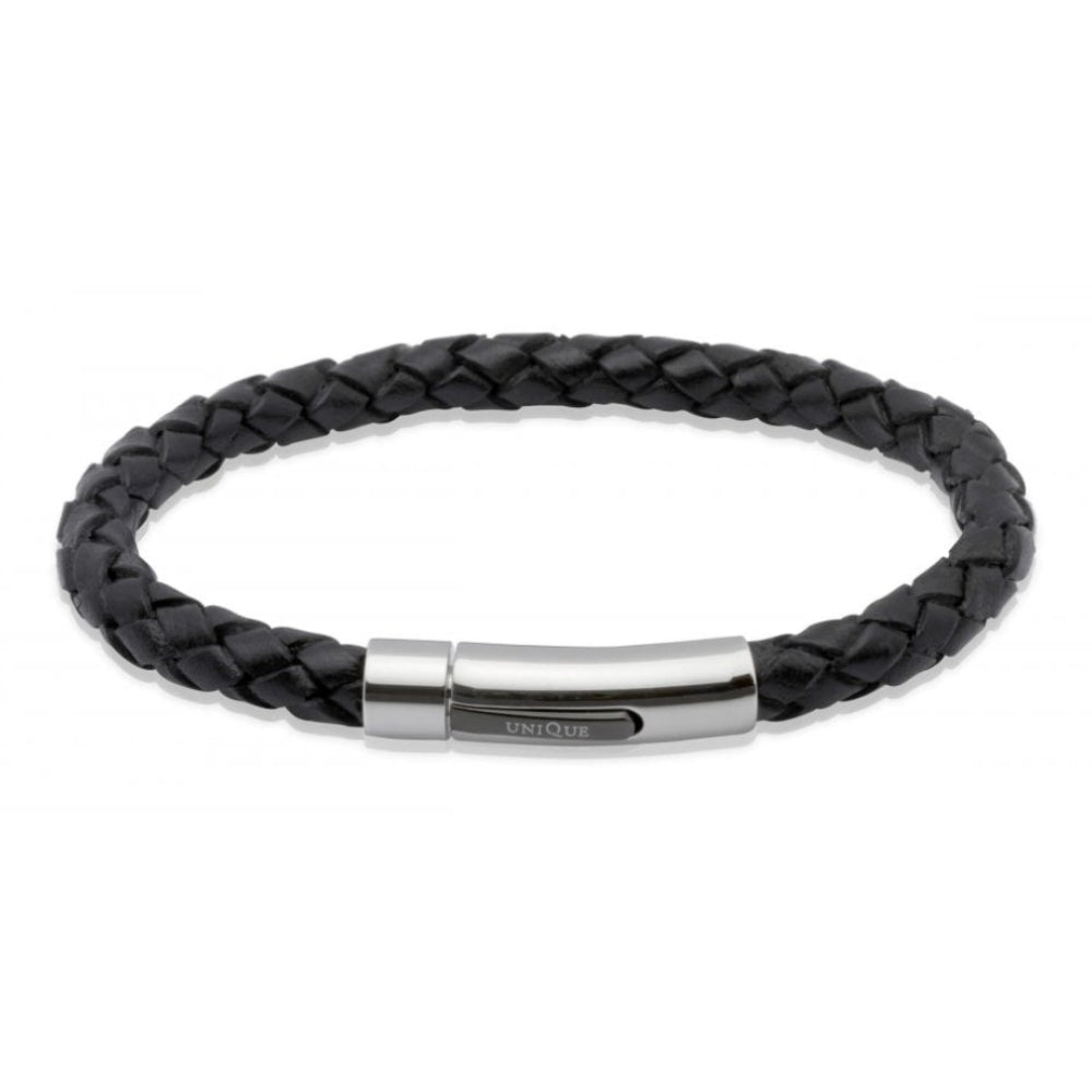 Black Leather Bracelet-Steel Clasp-Black I.P. Plating