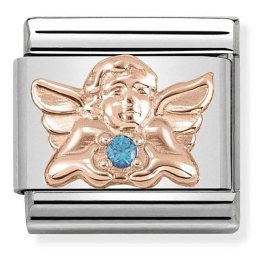 Classic Symbols In Steel, 9K Rose Gold & Blue CZ Angel Of Children Link