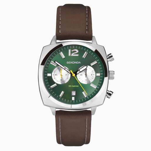 Airborne Chronograph Green Dial & SS Case With Brown Leather Strap Men's Watch