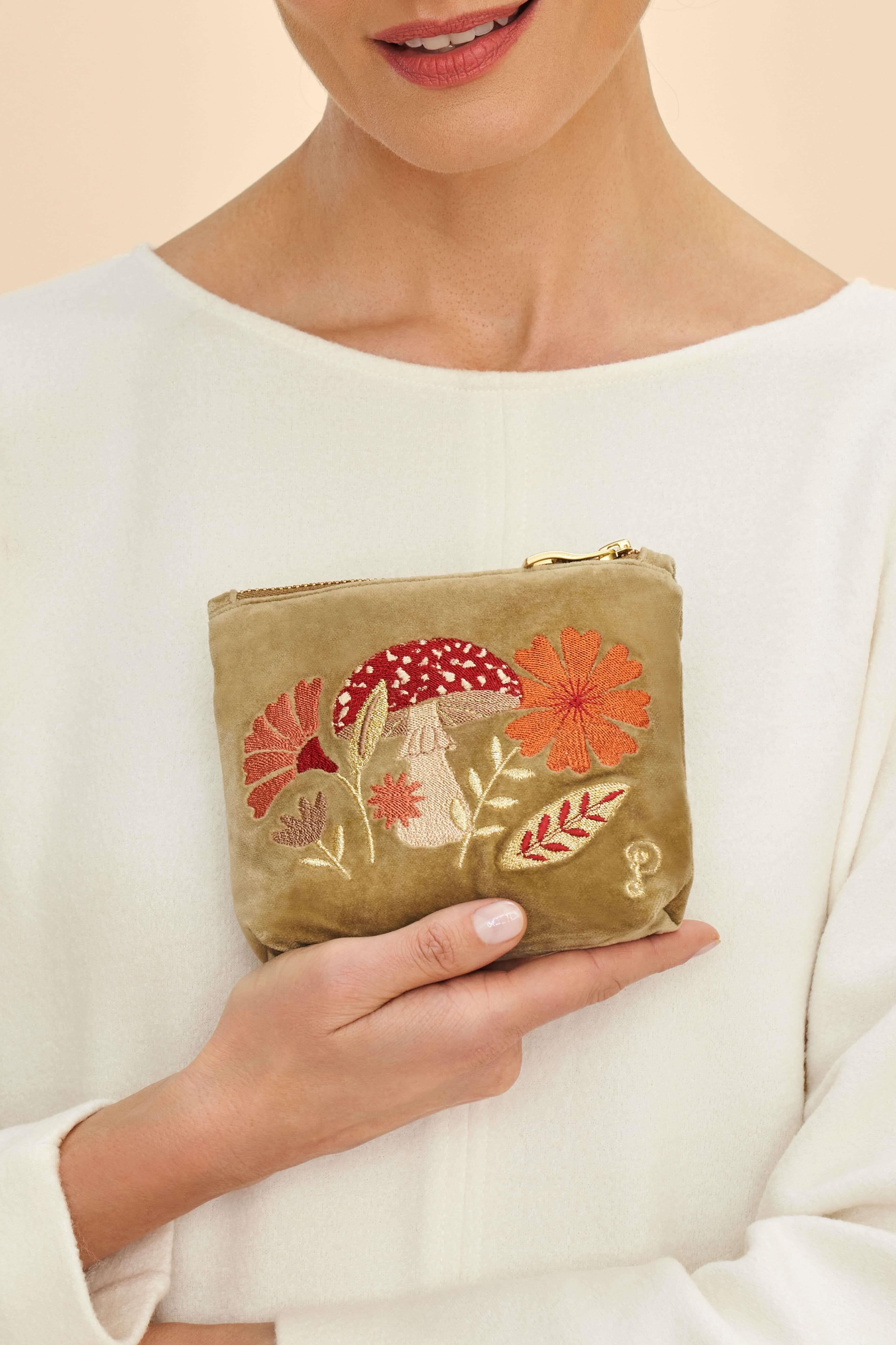 Velvet Embroidered Mini Pouch - Tranquil Toadstool