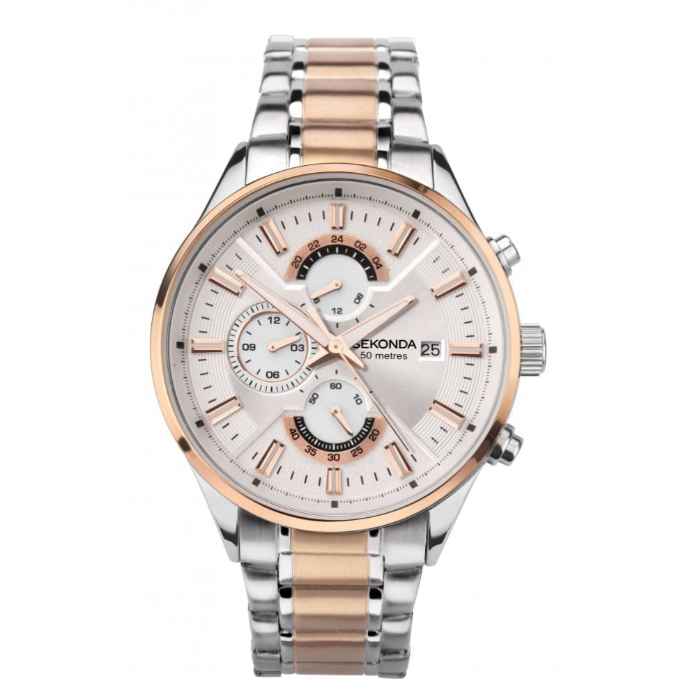 Two Tone Bracelet Strap & Case With Silver Dual Time Dial Gents Watch