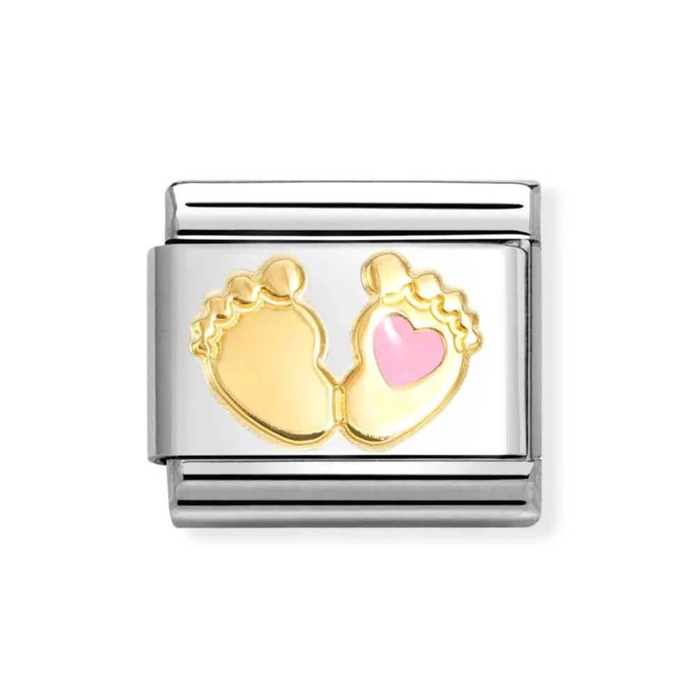 Composable Classic Link Baby Feet With Pink Heart In 18K Gold & Enamel