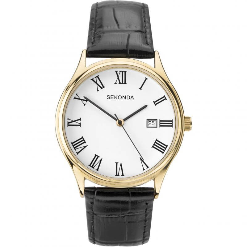 Gold Plated White Dial With Black Strap Watch