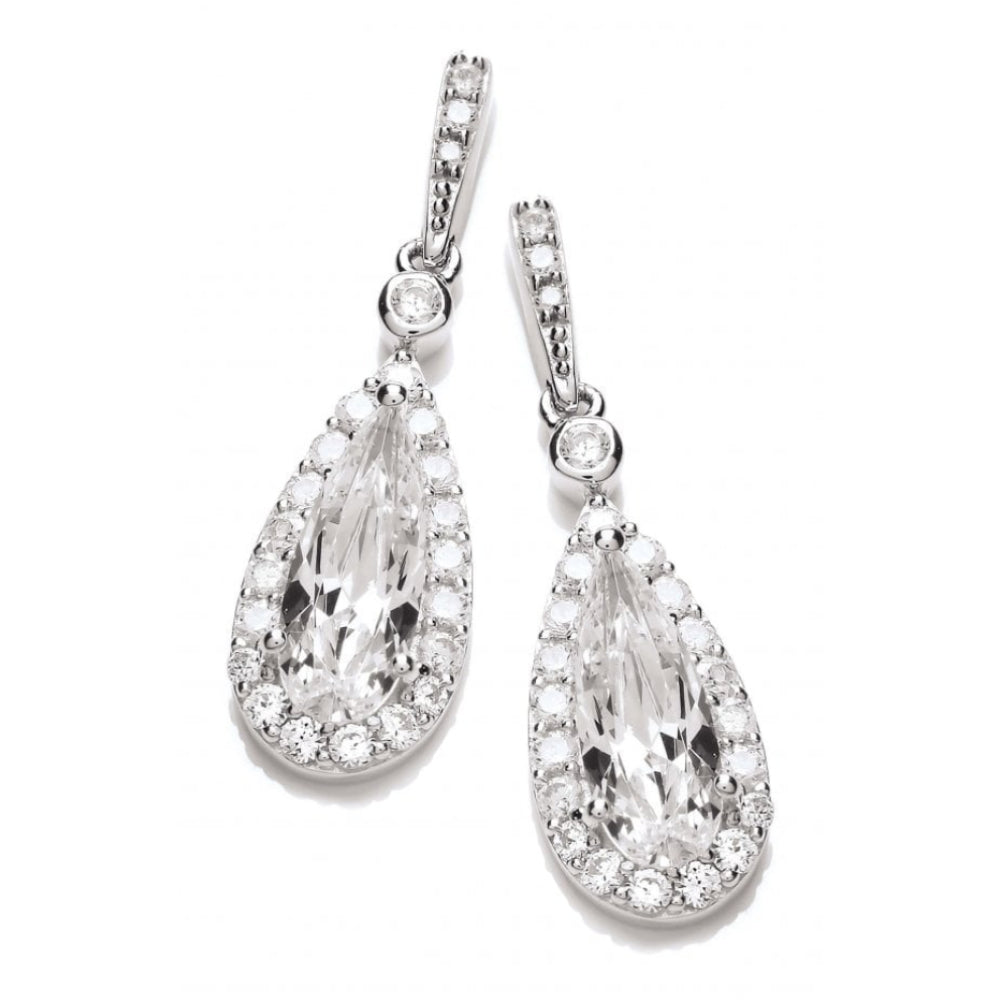 Silver CZ Surround Long Teardrop Earrings